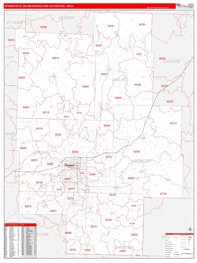 Springfield Metro Area ZIP Code Wall Map, RedLine style