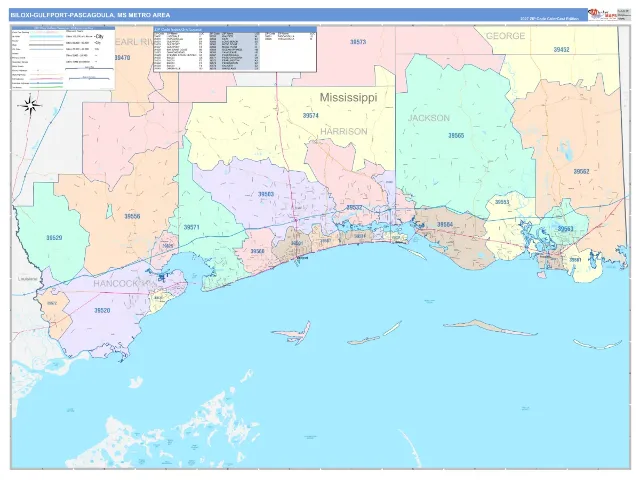 Gulfport-Biloxi-Pascagoula Metro Area ZIP Code Wall Map, ColorCast style