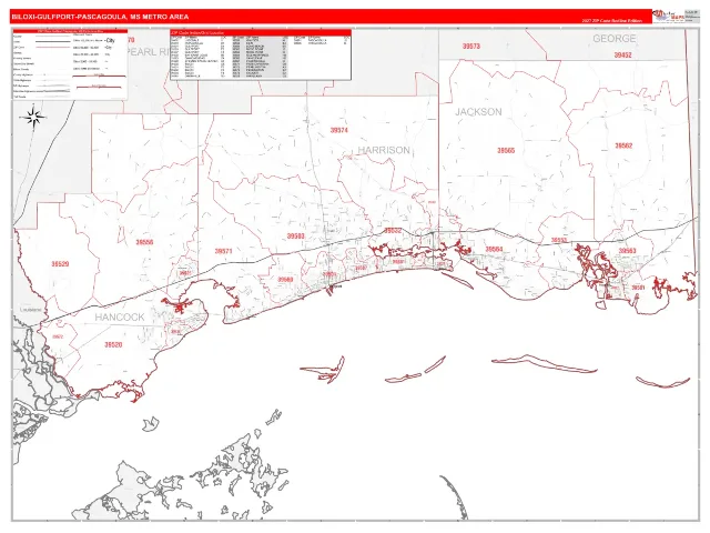 Gulfport-Biloxi-Pascagoula Metro Area ZIP Code Wall Map, RedLine style