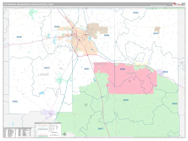 Hattiesburg Metro Area ZIP Code Wall Map, Classic style