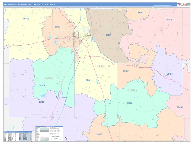Hattiesburg Metro Area ZIP Code Wall Map, ColorCast style