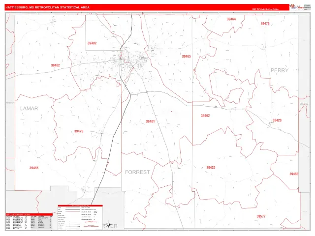 Hattiesburg Metro Area ZIP Code Wall Map, RedLine style