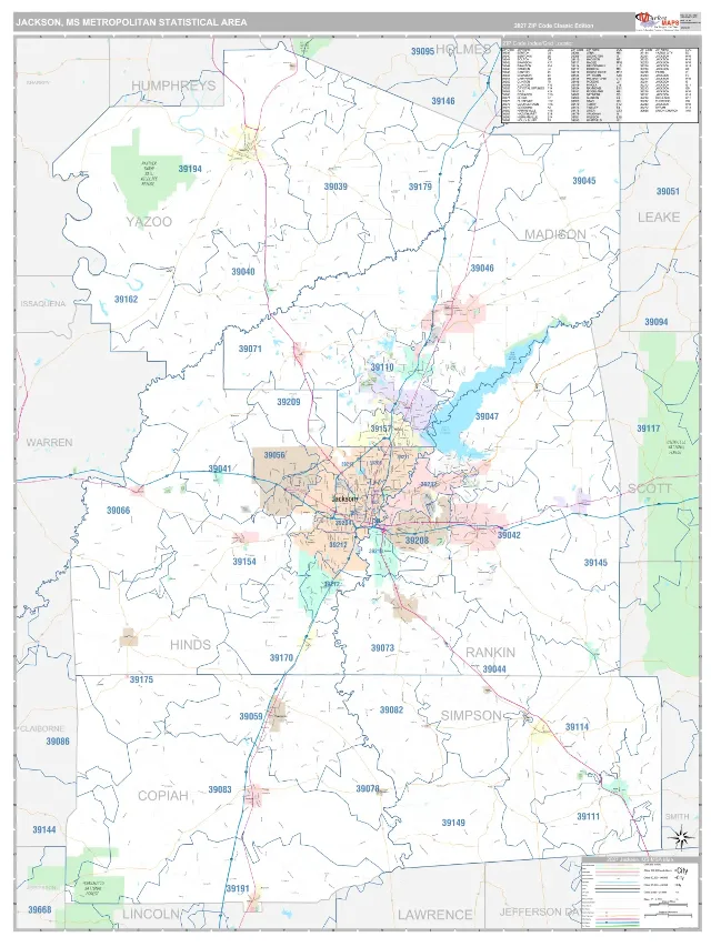 Jackson Metro Area ZIP Code Wall Map, Classic style