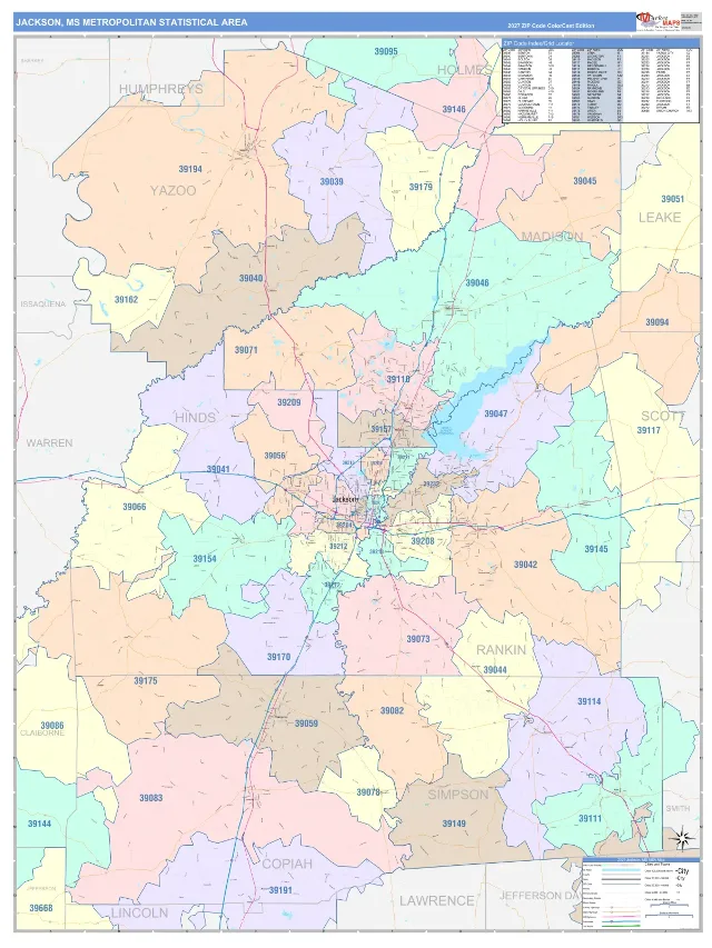 Jackson Metro Area ZIP Code Wall Map, ColorCast style