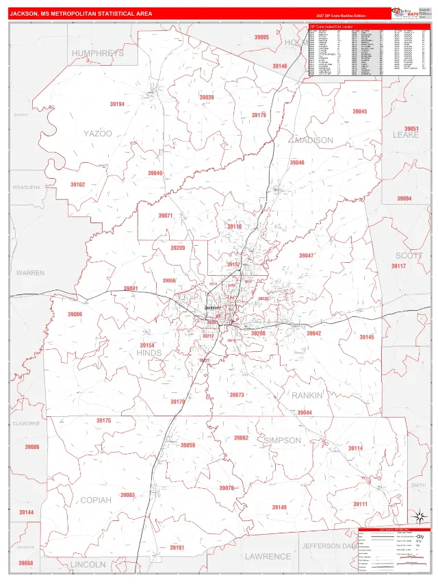 Jackson Metro Area ZIP Code Wall Map, RedLine style