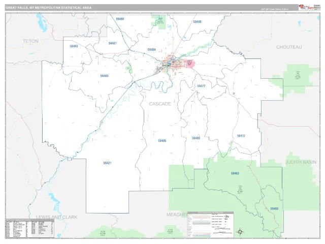 Great Falls Metro Area ZIP Code Wall Map, Classic style