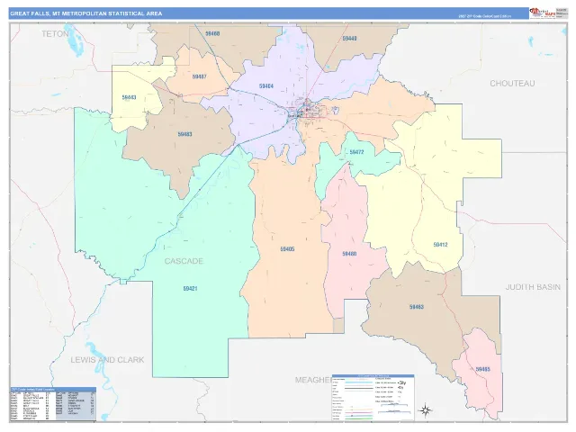Great Falls Metro Area ZIP Code Wall Map, ColorCast style