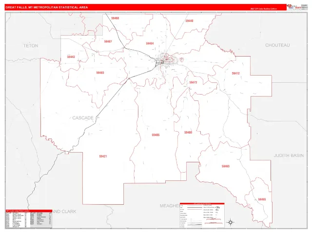 Great Falls Metro Area ZIP Code Wall Map, RedLine style