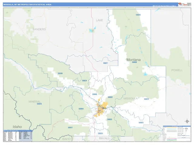Missoula Metro Area ZIP Code Wall Map, Business Reference style