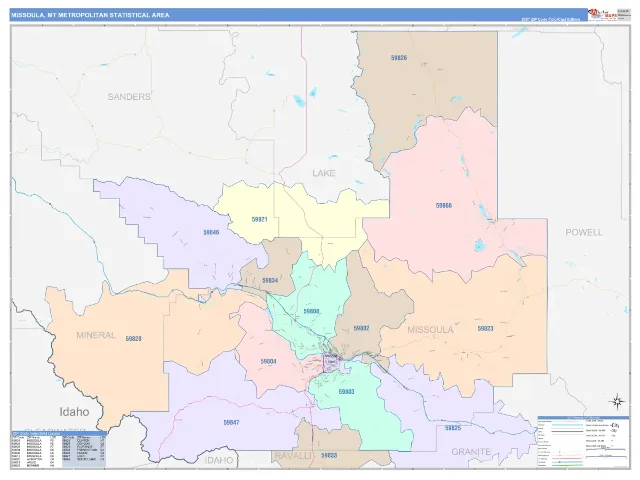 Missoula Metro Area ZIP Code Wall Map, ColorCast style