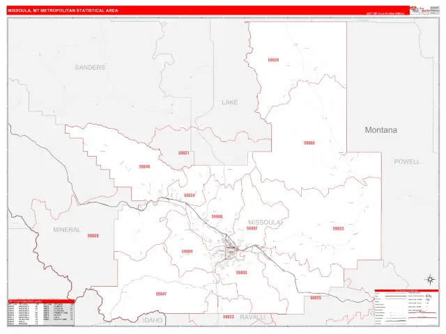 Missoula Metro Area ZIP Code Wall Map, RedLine style