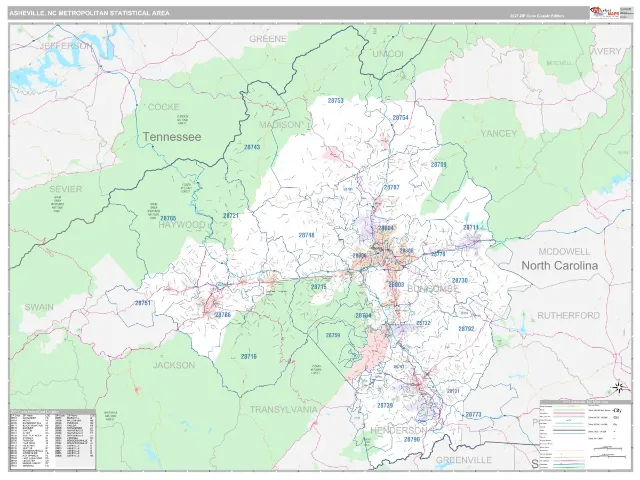 Asheville Metro Area ZIP Code Wall Map, Classic style