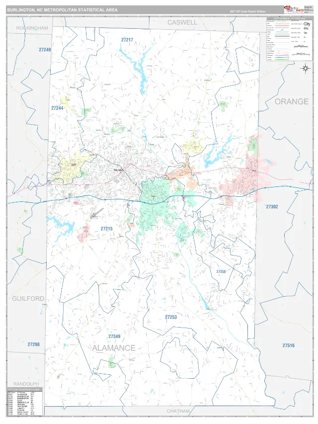 Burlington Metro Area ZIP Code Wall Map, Classic style
