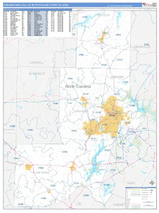 Durham-Chapel Hill Metro Area Business Reference style ZIP Code wall map