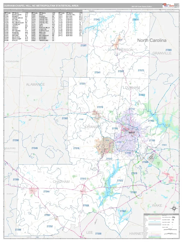 Durham-Chapel Hill Metro Area ZIP Code Wall Map, Classic style