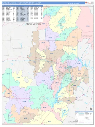 Durham-Chapel Hill Metro Area ColorCast style ZIP Code wall map