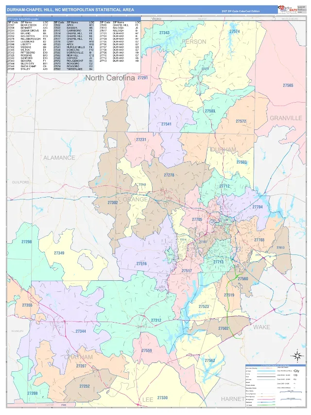 Durham-Chapel Hill Metro Area ZIP Code Wall Map, ColorCast style
