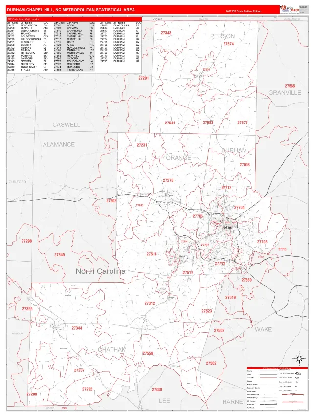 Durham-Chapel Hill Metro Area ZIP Code Wall Map, RedLine style