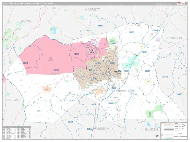 Fayetteville Metro Area ZIP Code Wall Map, Classic style