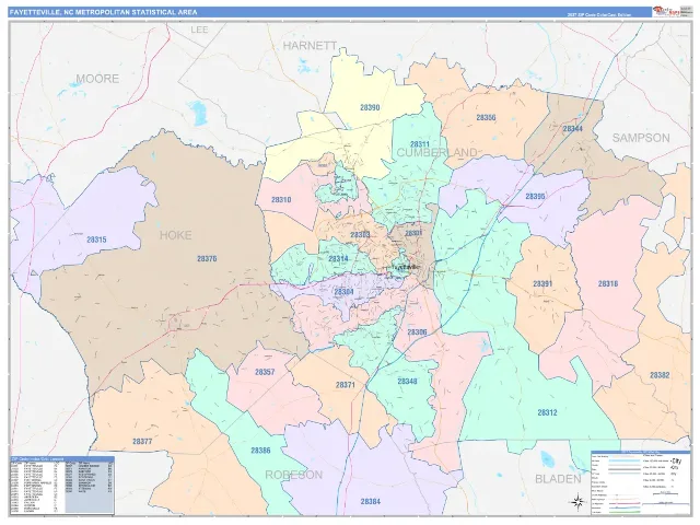 Fayetteville Metro Area ZIP Code Wall Map, ColorCast style