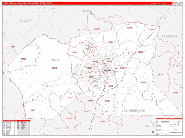 Fayetteville Metro Area ZIP Code Wall Map, RedLine style
