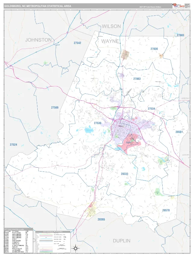 Goldsboro Metro Area ZIP Code Wall Map, Classic style