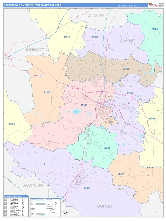 Goldsboro Metro Area ZIP Code Wall Map, ColorCast style