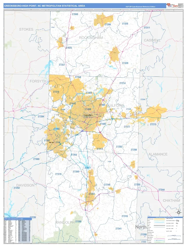 Greensboro-High Point Metro Area ZIP Code Wall Map, Business Reference style