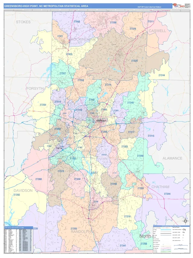 Greensboro-High Point Metro Area ZIP Code Wall Map, ColorCast style