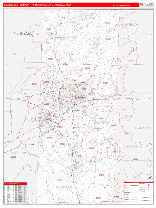 Greensboro-High Point Metro Area ZIP Code Wall Map, RedLine style