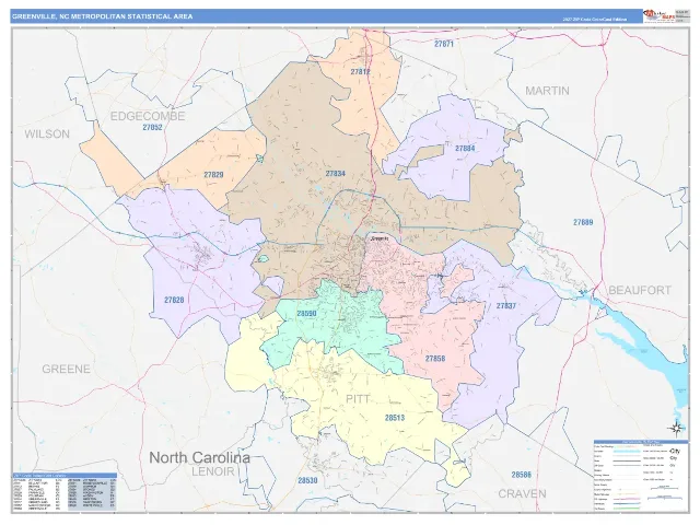 Greenville Metro Area ZIP Code Wall Map, ColorCast style