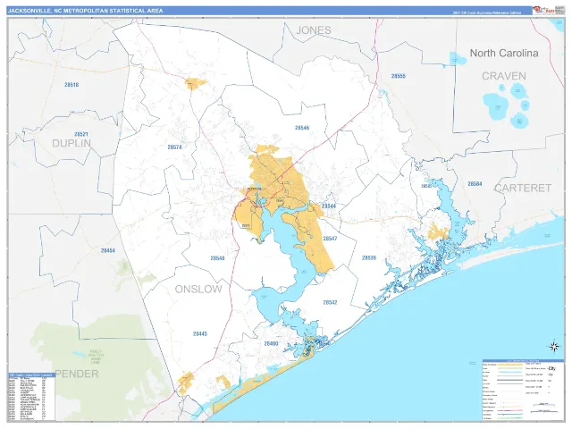 Jacksonville Metro Area ZIP Code Wall Map, Business Reference style