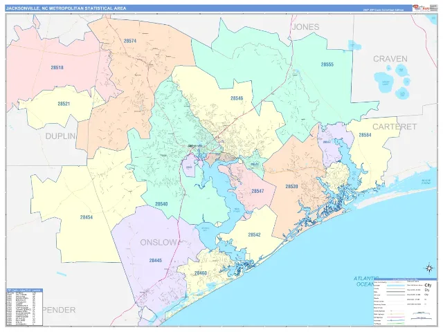 Jacksonville Metro Area ZIP Code Wall Map, ColorCast style