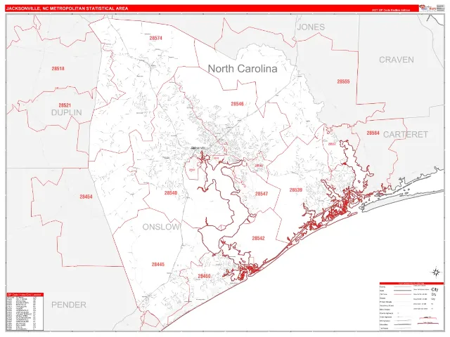 Jacksonville Metro Area ZIP Code Wall Map, RedLine style