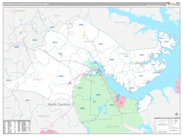 New Bern Metro Area ZIP Code Wall Map, Classic style