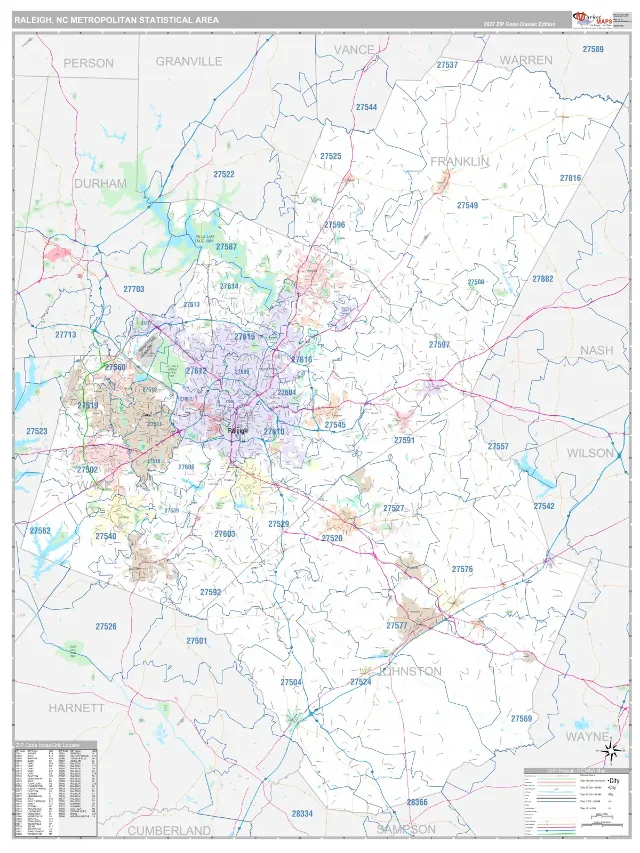 Raleigh Metro Area ZIP Code Wall Map, Classic style
