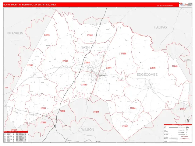 Rocky Mount Metro Area ZIP Code Wall Map, RedLine style