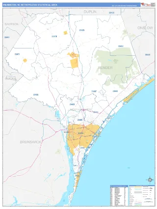 Wilmington Metro Area Business Reference style ZIP Code wall map