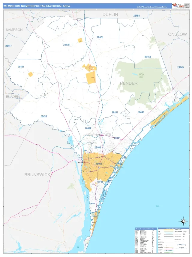 Wilmington Metro Area ZIP Code Wall Map, Business Reference style