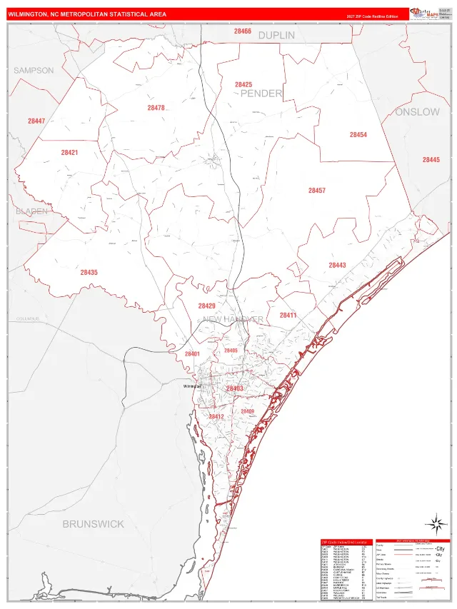 Wilmington Metro Area ZIP Code Wall Map, RedLine style