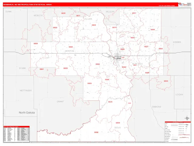 Bismarck Metro Area ZIP Code Wall Map, RedLine style