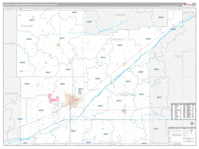 Grand Island Metro Area ZIP Code Wall Map, Classic style