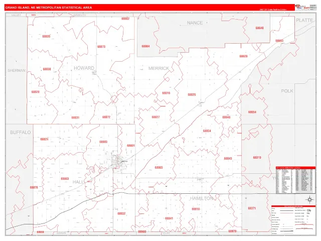 Grand Island Metro Area ZIP Code Wall Map, RedLine style