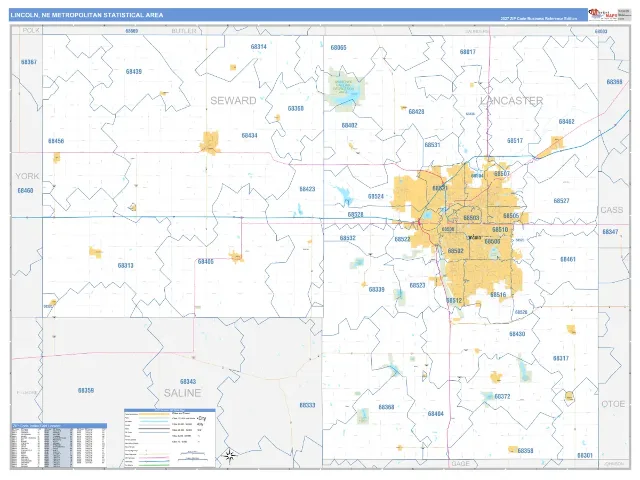 Lincoln Metro Area ZIP Code Wall Map, Business Reference style