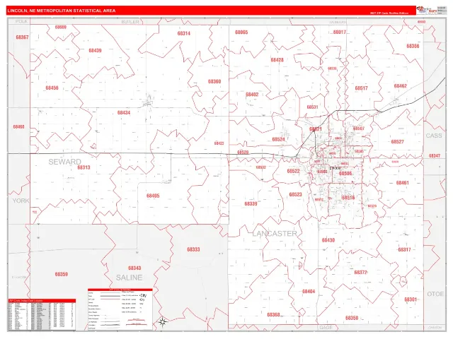 Lincoln Metro Area ZIP Code Wall Map, RedLine style