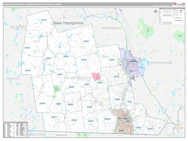 Manchester-Nashua Metro Area ZIP Code Wall Map, Classic style