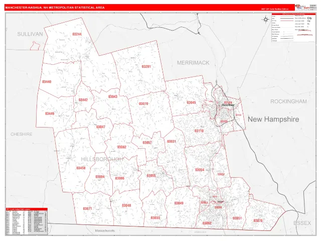 Manchester-Nashua Metro Area ZIP Code Wall Map, RedLine style
