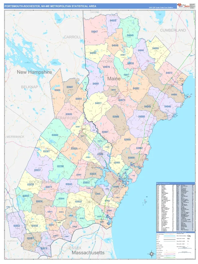 Portsmouth-Rochester Metro Area ZIP Code Wall Map, ColorCast style