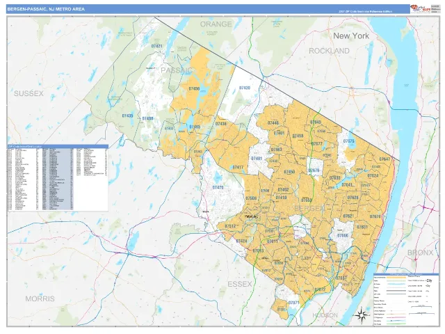 Bergen-Passaic Metro Area ZIP Code Wall Map, Business Reference style