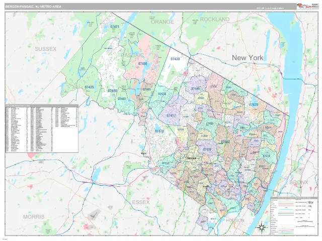 Bergen-Passaic Metro Area ZIP Code Wall Map, Classic style